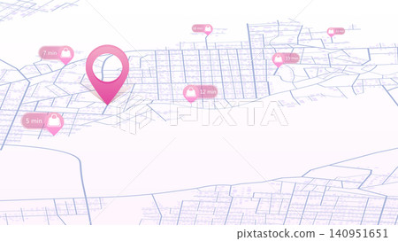 Retail store finder interface with bag icons and travel times on light city grid. Vector illustration. Retail store finder interface with bag icons and travel times on light city grid. Vector illustration. 140951651