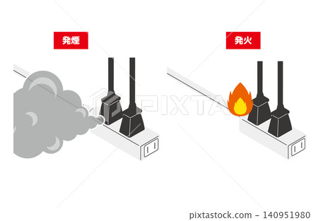 A set of isometric illustrations (without outlines) showing variations of fire and smoke emanating from a power plug. A set of isometric illustrations (without outlines) showing variations of fire and smoke emanating from a power plug. 140951980