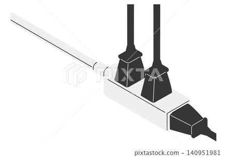 一個電源插座延長線的等距圖(無輪廓線),圖中插入了三個電源插頭。 一個電源插座延長線的等距圖(無輪廓線),圖中插入了三個電源插頭。 140951981