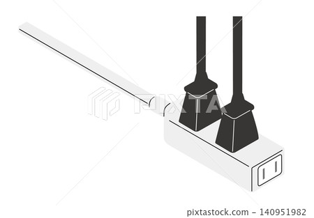 一個插入了兩個電源插頭的延長線電源條的等距圖(無輪廓線)。 一個插入了兩個電源插頭的延長線電源條的等距圖(無輪廓線)。 140951982
