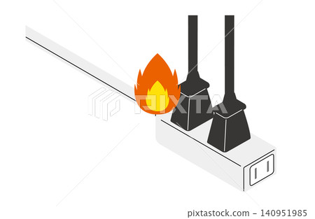 Isometric illustration (without outlines) showing a fire erupting from a power plug inserted into an extension cord. Isometric illustration (without outlines) showing a fire erupting from a power plug inserted into an extension cord. 140951985
