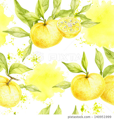 Yellow yuzu fruits, green leaves and watercolor splashes seamless pattern illustration for cosmetic packaging, stationery, recipe books, gift wrap, fabrics, wallpapers and printable merchandise. Yellow yuzu fruits, green leaves and watercolor splashes seamless pattern illustration for cosmetic packaging, stationery, recipe books, gift wrap, fabrics, wallpapers and printable merchandise. 140951999
