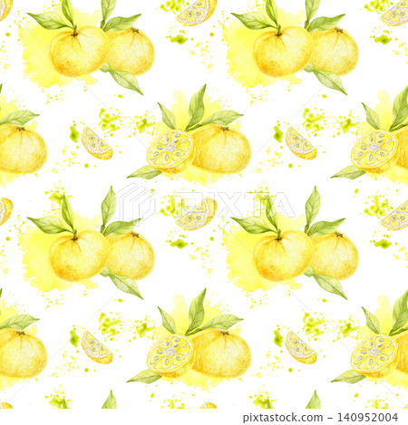 Yellow yuzu fruits, citrus slices and green leaves watercolor seamless pattern clipart for stationery, wrapping paper, textile printing, food packaging, notebooks, labels and surface design. 140952004