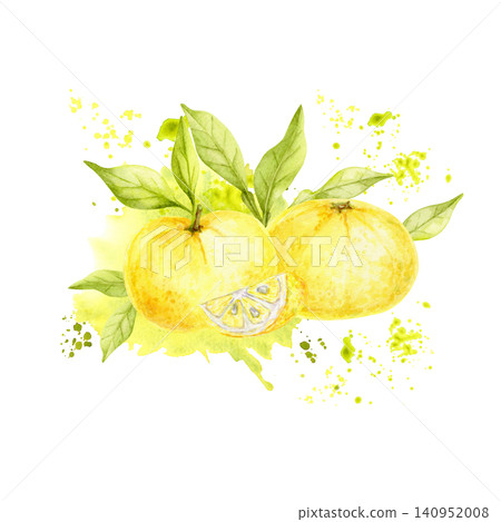 Yellow yuzu fruits, green leaves and citrus slice watercolor composition clipart with paint splashes for food packaging, beverage labels, recipe cards, menus, branding, stationery and kitchen decor Yellow yuzu fruits, green leaves and citrus slice watercolor composition clipart with paint splashes for food packaging, beverage labels, recipe cards, menus, branding, stationery and kitchen decor 140952008