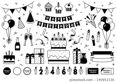 生日派對插畫套組:蛋糕、禮物、裝飾、緞帶、氣球、蠟燭、花環 生日派對插畫套組:蛋糕、禮物、裝飾、緞帶、氣球、蠟燭、花環 140952136