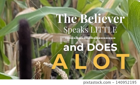 A moral quote on the importance of action, diligence, modesty, emphasizing deeds over excessive talk, set against a vibrant green corn, or maize, field., The believer speaks little, does a lot. A moral quote on the importance of action, diligence, modesty, emphasizing deeds over excessive talk, set against a vibrant green corn, or maize, field., The believer speaks little, does a lot. 140952195