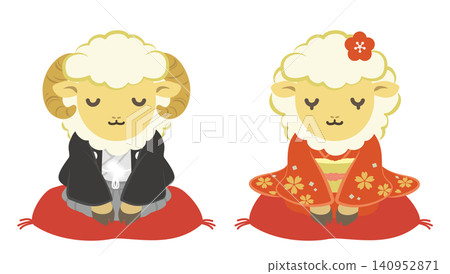 An illustration of a cute sheep couple wearing kimonos, perfect for New Year's cards for the Year of the Sheep. An illustration of a cute sheep couple wearing kimonos, perfect for New Year's cards for the Year of the Sheep. 140952871