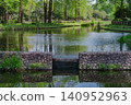 Stone weirs and tranquil ponds in lush Japanese parks 140952963