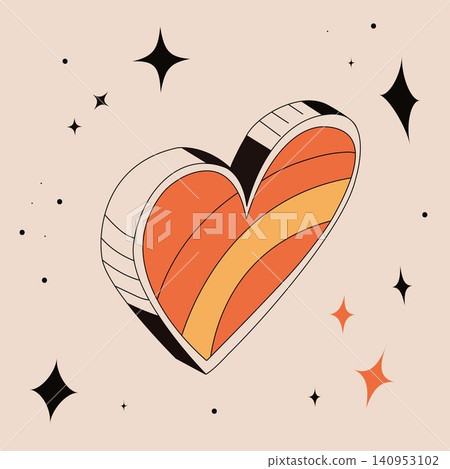 Retro heart with orange-yellow stripes, black outline, stars on beige background. 70s vintage style Retro heart with orange-yellow stripes, black outline, stars on beige background. 70s vintage style 140953102