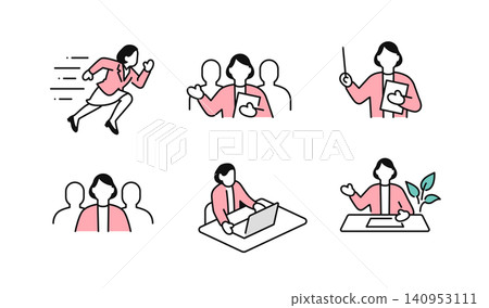 Simple businesswoman guiding/consulting poses vector icon set Simple businesswoman guiding/consulting poses vector icon set 140953111