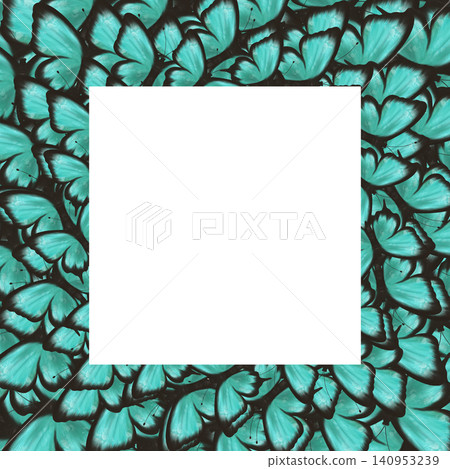 Elegant turquoise butterfly frame with centered square copy space surrounded by vibrant wings. Decorative nature background for greeting cards, invitations, social media, posters and branding Elegant turquoise butterfly frame with centered square copy space surrounded by vibrant wings. Decorative nature background for greeting cards, invitations, social media, posters and branding 140953239
