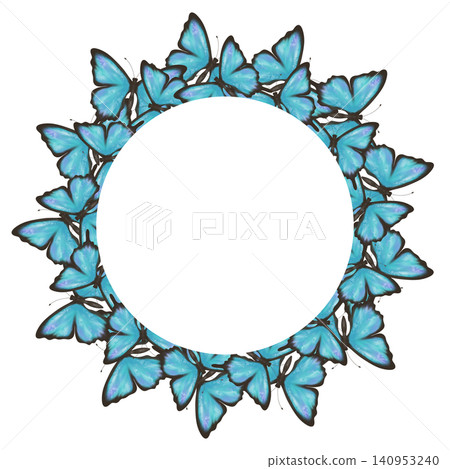 Elegant blue butterfly wreath with circular copy space on a clean white background. Decorative nature frame for greeting cards, invitations, branding, posters and seasonal designs Elegant blue butterfly wreath with circular copy space on a clean white background. Decorative nature frame for greeting cards, invitations, branding, posters and seasonal designs 140953240