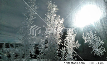 Frost crystals clinging to glass Frost crystals clinging to glass 140953302