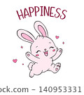 Happy Bunny Jumping with Hearts and Happiness Text - Cute Kawaii Rabbit Vector Illustration 140953331