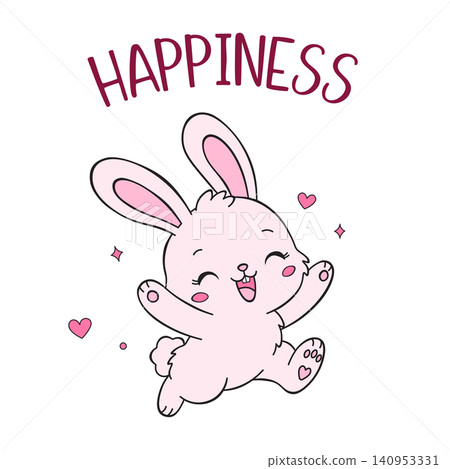 Happy Bunny Jumping with Hearts and Happiness Text - Cute Kawaii Rabbit Vector Illustration Happy Bunny Jumping with Hearts and Happiness Text - Cute Kawaii Rabbit Vector Illustration 140953331