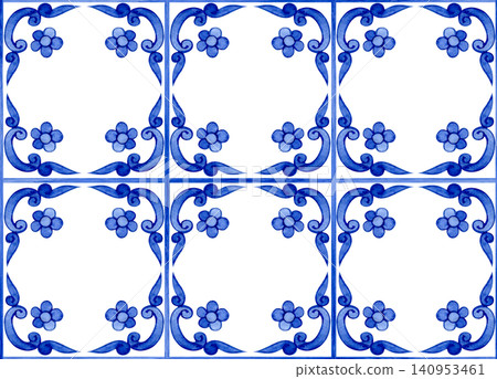 Whimsical ornament. Seamless watercolor pattern with blue vintage tiles. Whimsical ornament. Seamless watercolor pattern with blue vintage tiles. 140953461