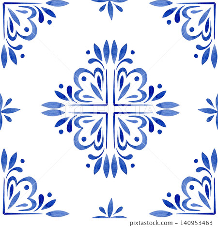 Whimsical ornament. Seamless watercolor pattern with blue vintage tiles. Whimsical ornament. Seamless watercolor pattern with blue vintage tiles. 140953463