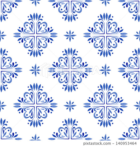 Whimsical ornament. Seamless watercolor pattern with blue vintage tiles. 140953464