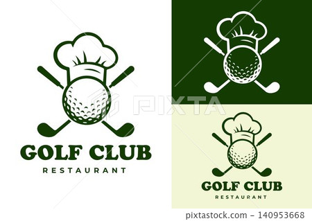 Golf Ball with Chef Hat and Crossed Golf Clubs Minimalist Logo for Golf Club Restaurant and Sports Hospitality Golf Ball with Chef Hat and Crossed Golf Clubs Minimalist Logo for Golf Club Restaurant and Sports Hospitality 140953668