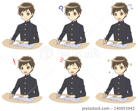 一組照片，照片中一個男孩穿著校服在學習。 140953942