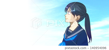一幅動漫風格的插圖,描繪了一名女學生抬頭望向天空的情景。 一幅動漫風格的插圖,描繪了一名女學生抬頭望向天空的情景。 140954096