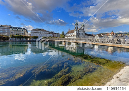 Jesuit Church and Reuss River in Lucerne Switzerland 140954264