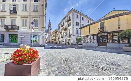 Historic street with Sant Andrea bell tower in Vercelli Italy Historic street with Sant Andrea bell tower in Vercelli Italy 140954276
