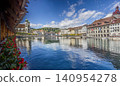 View across Reuss River from Chapel Bridge Lucerne Switzerland 140954278