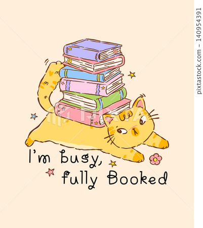 Cute Cat with Stack Books, Introvert Bookish Quote Fully Booked Sticker Printable Cartoon Hand drawn stylised character in girly retro kawaii Cute Cat with Stack Books, Introvert Bookish Quote Fully Booked Sticker Printable Cartoon Hand drawn stylised character in girly retro kawaii 140954391