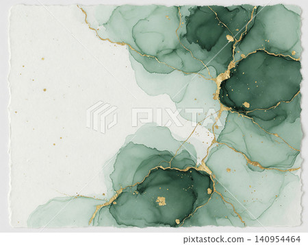 A beautiful Japanese paper background featuring emerald green watercolor and gold leaf in a kintsugi (gold repair) style. A beautiful Japanese paper background featuring emerald green watercolor and gold leaf in a kintsugi (gold repair) style. 140954464