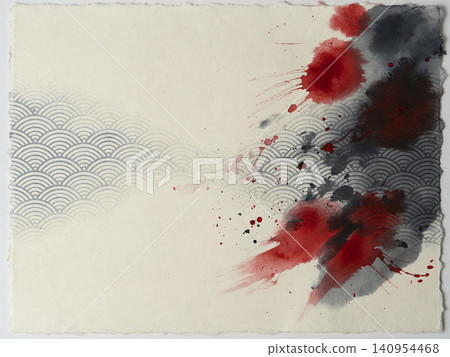 On the right side, a background featuring a wave pattern and a deep crimson accent with ink bleeding. On the right side, a background featuring a wave pattern and a deep crimson accent with ink bleeding. 140954468