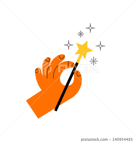 Whimsical drawing of hand holding a magic wand. Doodle icon for back to school, education, learning Whimsical drawing of hand holding a magic wand. Doodle icon for back to school, education, learning 140954485