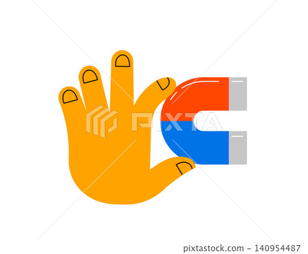 Whimsical drawing of hand holding horseshoe magnet. Doodle icon for back to school and science Whimsical drawing of hand holding horseshoe magnet. Doodle icon for back to school and science 140954487