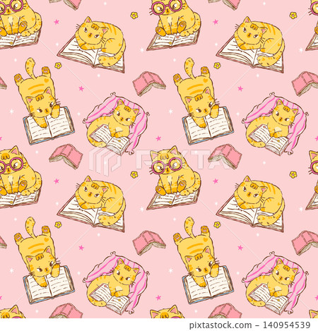 Cozy Cat Bookish Seamless Pattern Reading Book Printable Cartoon Hand drawn stylised character in girly retro kawaii Cozy Cat Bookish Seamless Pattern Reading Book Printable Cartoon Hand drawn stylised character in girly retro kawaii 140954539