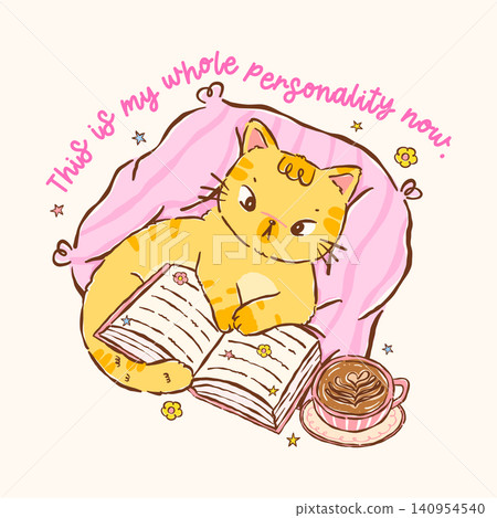 Cozy Cat Reading Book on Pillow, Introvert Bookish Quote Sticker Printable Cartoon Hand drawn stylised character in girly retro kawaii Cozy Cat Reading Book on Pillow, Introvert Bookish Quote Sticker Printable Cartoon Hand drawn stylised character in girly retro kawaii 140954540