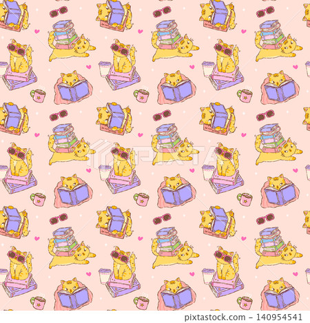 Cute Cat Bookish Seamless Pattern with Books Printable Cartoon Hand drawn stylised character Repeat Background Cute Cat Bookish Seamless Pattern with Books Printable Cartoon Hand drawn stylised character Repeat Background 140954541
