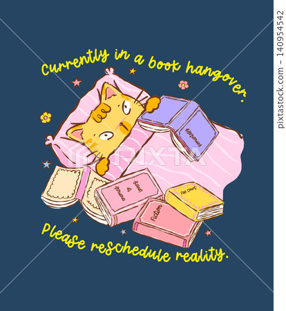 Cute Cat Bookish with Funny Quote Sticker Printable Cartoon Hand drawn stylised character in girly retro kawaii 140954542
