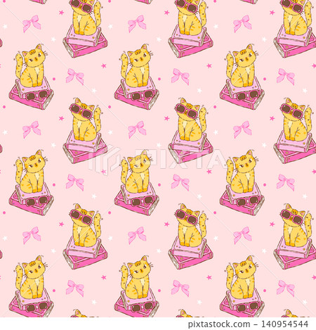 Girly Cat Bookish Seamless Pattern with Pink Book and Bow Stylised Cartoon Hand drawn Animal Reading Book Repeat Background 140954544