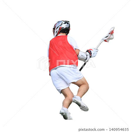 Lacrosse player running while holding a lacrosse stick carrying the ball Lacrosse player running while holding a lacrosse stick carrying the ball 140954635