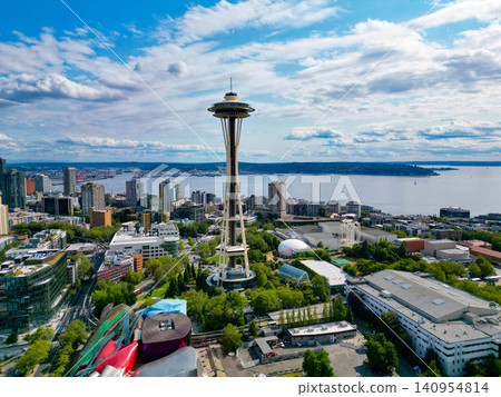 Aerial view of Seattle with Space Needle tower. City downtown. Seattle downtown skyline. Aerial Seattle. Space Needle. Modern Seattle district, Elliott Bay. Architecture of aerial Space needle Aerial view of Seattle with Space Needle tower. City downtown. Seattle downtown skyline. Aerial Seattle. Space Needle. Modern Seattle district, Elliott Bay. Architecture of aerial Space needle 140954814