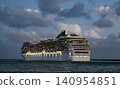 Cruise ship vacation. Bon voyage. Majestic cruise ship in vacation summer. Cruise ship vacation and travel at sea. View of illuminated luxury liner. Ship at night port. Luxury sea vacation 140954851