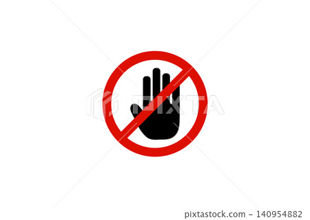 Bold red prohibition circle with a black hand silhouette and diagonal slash conveying stop, no entry, and restricted access for safety, warning, security and compliance messages Bold red prohibition circle with a black hand silhouette and diagonal slash conveying stop, no entry, and restricted access for safety, warning, security and compliance messages 140954882