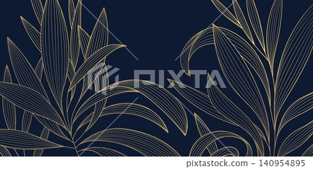 Luxury botanical pattern with elegant golden line leaves on dark background, tropical foliage art deco style, Japanese design. Wallpaper, tea packaging, textile print, beauty branding, poster. Luxury botanical pattern with elegant golden line leaves on dark background, tropical foliage art deco style, Japanese design. Wallpaper, tea packaging, textile print, beauty branding, poster. 140954895
