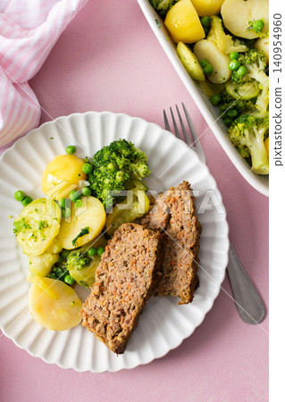 A plate holds boiled potatoes, turkey meat pie, broccoli, and green peas. This breakfast is healthy and gluten free, perfect for a good start to the day A plate holds boiled potatoes, turkey meat pie, broccoli, and green peas. This breakfast is healthy and gluten free, perfect for a good start to the day 140954960