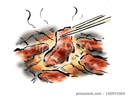An illustration of someone lifting grilled meat with chopsticks. 140955064