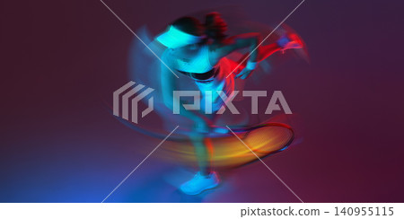 Female tennis player serving with colorful motion blur under dramatic studio lighting Female tennis player serving with colorful motion blur under dramatic studio lighting 140955115