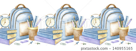 Watercolor seamless border with backpacks, school books, alarm clocks and stationery for Back to School designs, educational banners, invitations and printable classroom decorations. 140955165
