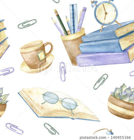 Seamless pattern with watercolor school supplies: books, stationery in holder, alarm clock, glasses, coffee cup and paperclips for back to school designs, educational materials and decor. Seamless pattern with watercolor school supplies: books, stationery in holder, alarm clock, glasses, coffee cup and paperclips for back to school designs, educational materials and decor. 140955166