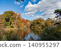 Park autumn tree and pond in New York. Scenic fall. Central park in autumn. Autumn landscape with pond. Fall nature landscape. Autumn nature in Central park. Seasonal fall landscape. City park 140955297
