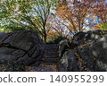 Way with rocky stairs in forest. Natural autumn or fall season. Autumn beauty of nature. Nature in central park. Fall leaves in park. Autumn nature. Fall season. Autumn season in park. Nature walks 140955299